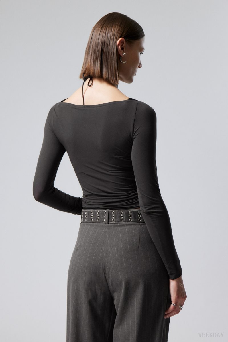 Weekday Sheer Boatneck Long Sleeve Dark Grey | EVAI8480