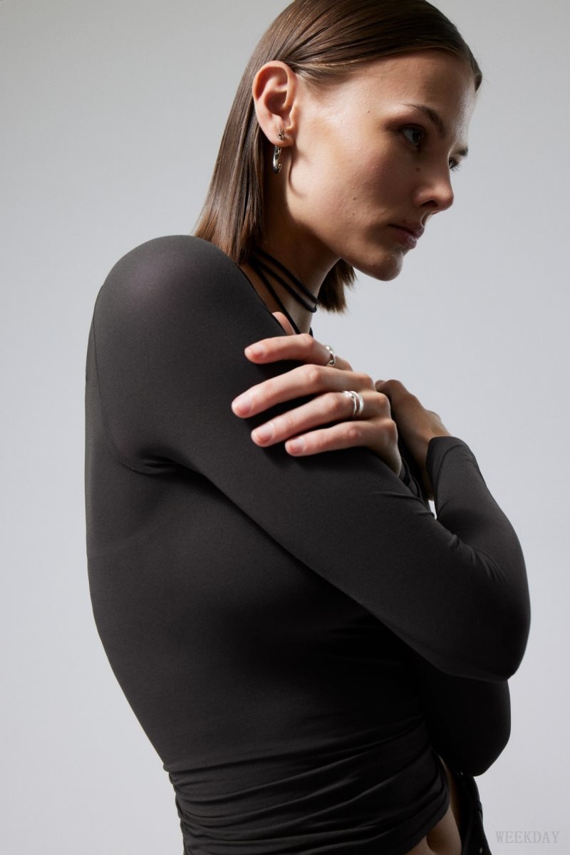 Weekday Sheer Boatneck Long Sleeve Dark Grey | EVAI8480