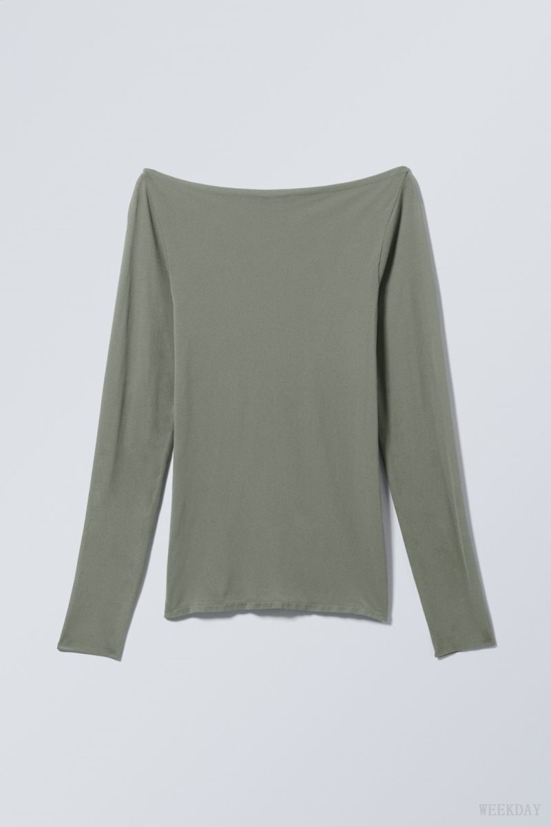 Weekday Sheer Boatneck Long Sleeve Khaki | AJVX0120