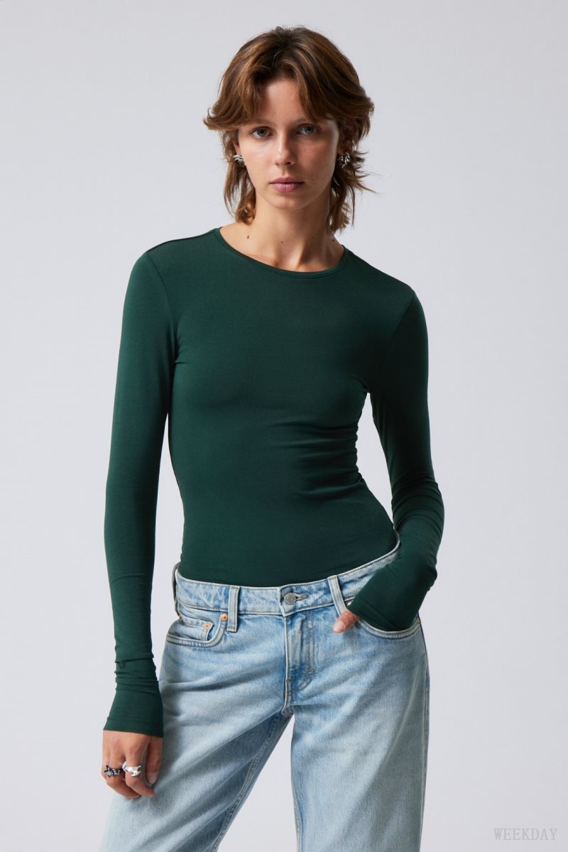 Weekday Slim Fitted Long Sleeve Dark Green | WIJT3298