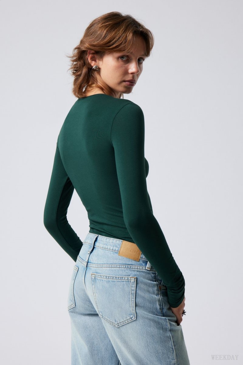 Weekday Slim Fitted Long Sleeve Dark Green | WIJT3298