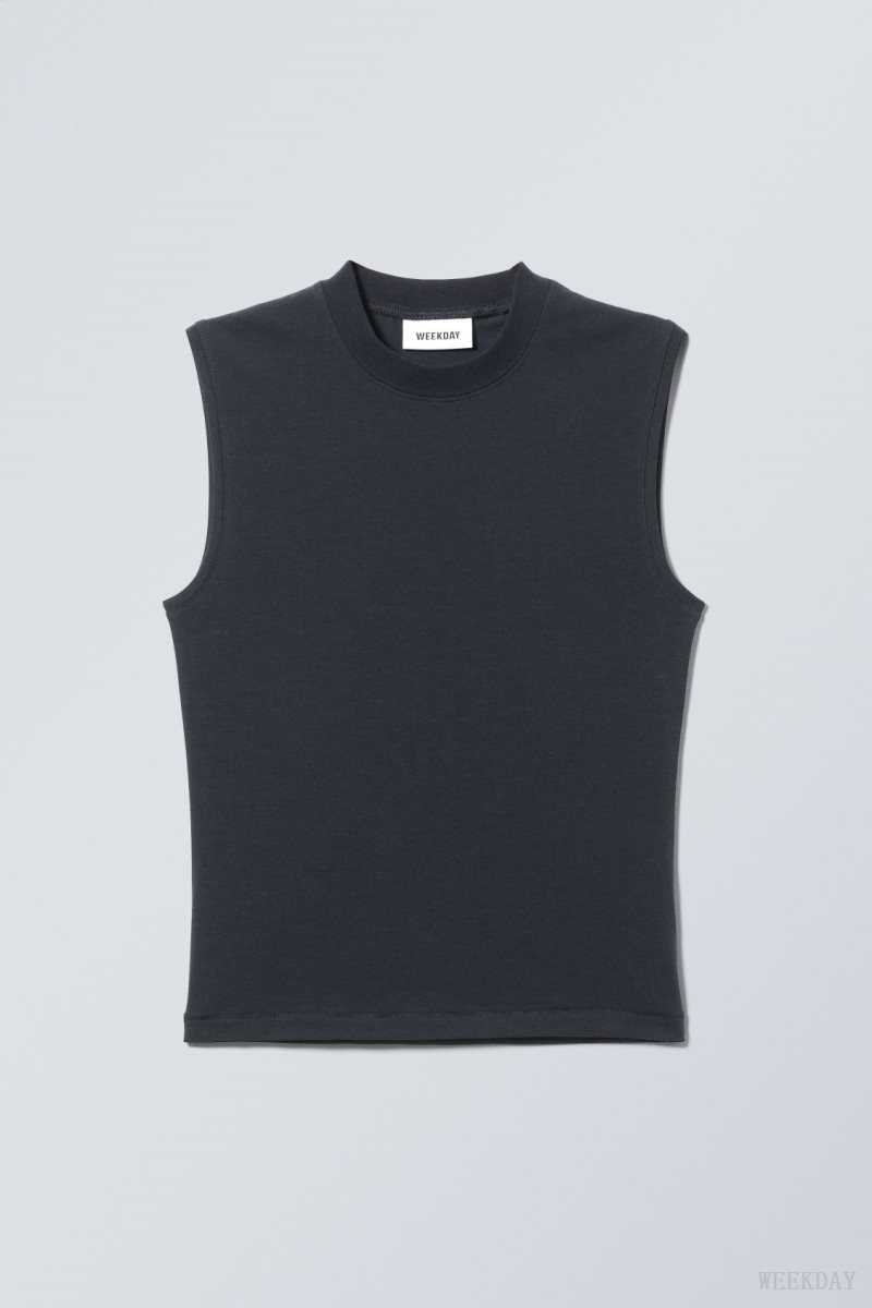 Weekday Slim Mock Neck Tank Top Dark Blue | THGT9765