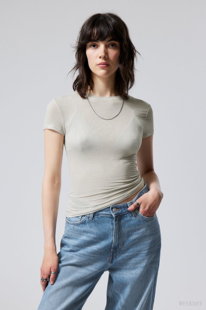 Weekday Soft Sheer Fitted T-shirt Dusty Mole | YENE8479