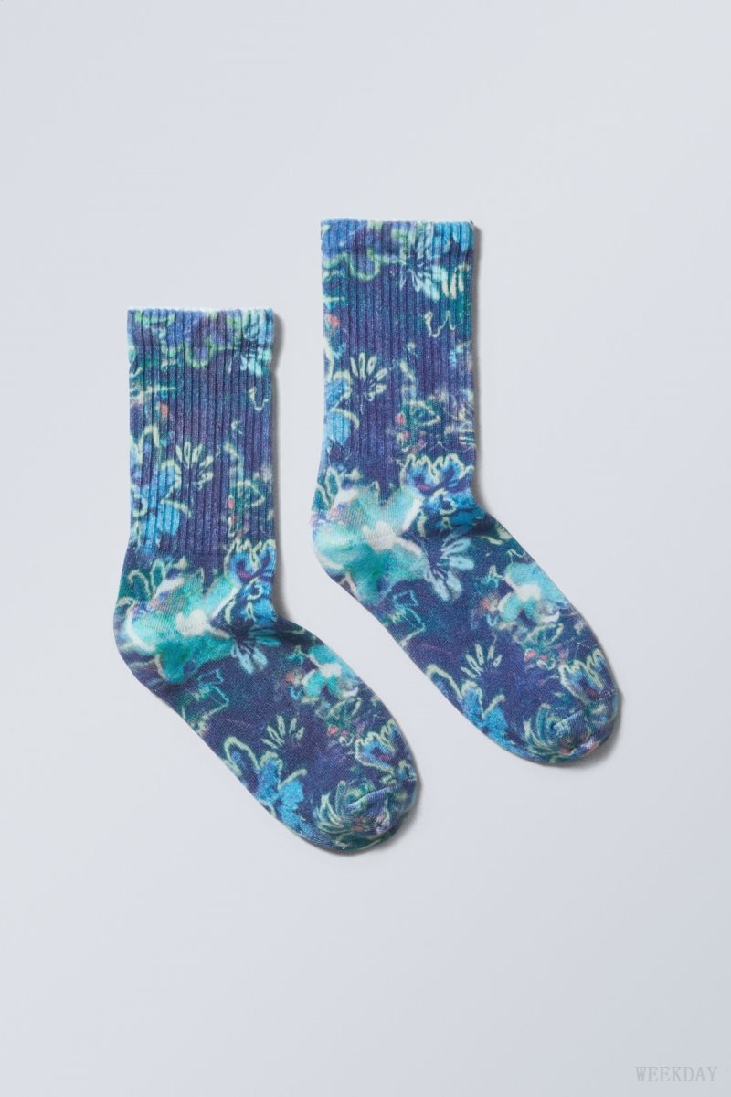 Weekday Sport Printed Socks Blue | NMHT0718