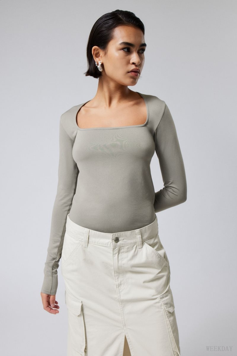 Weekday Square Neck Longsleeve Top Grey | IOZK3947