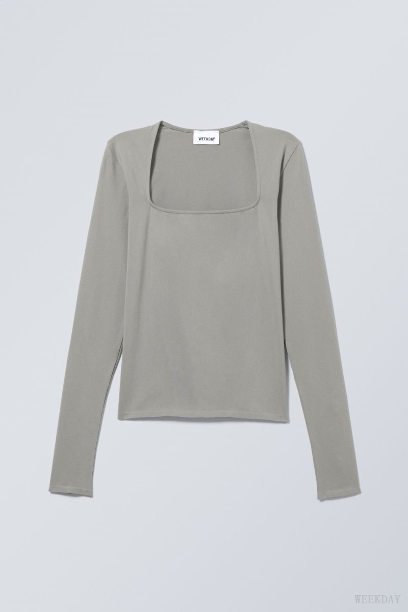 Weekday Square Neck Longsleeve Top Grey | IOZK3947