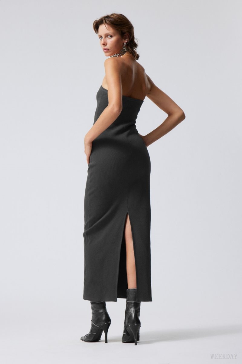 Weekday Tania Ribbed Tube Dress Dark Grey | NSZP9058