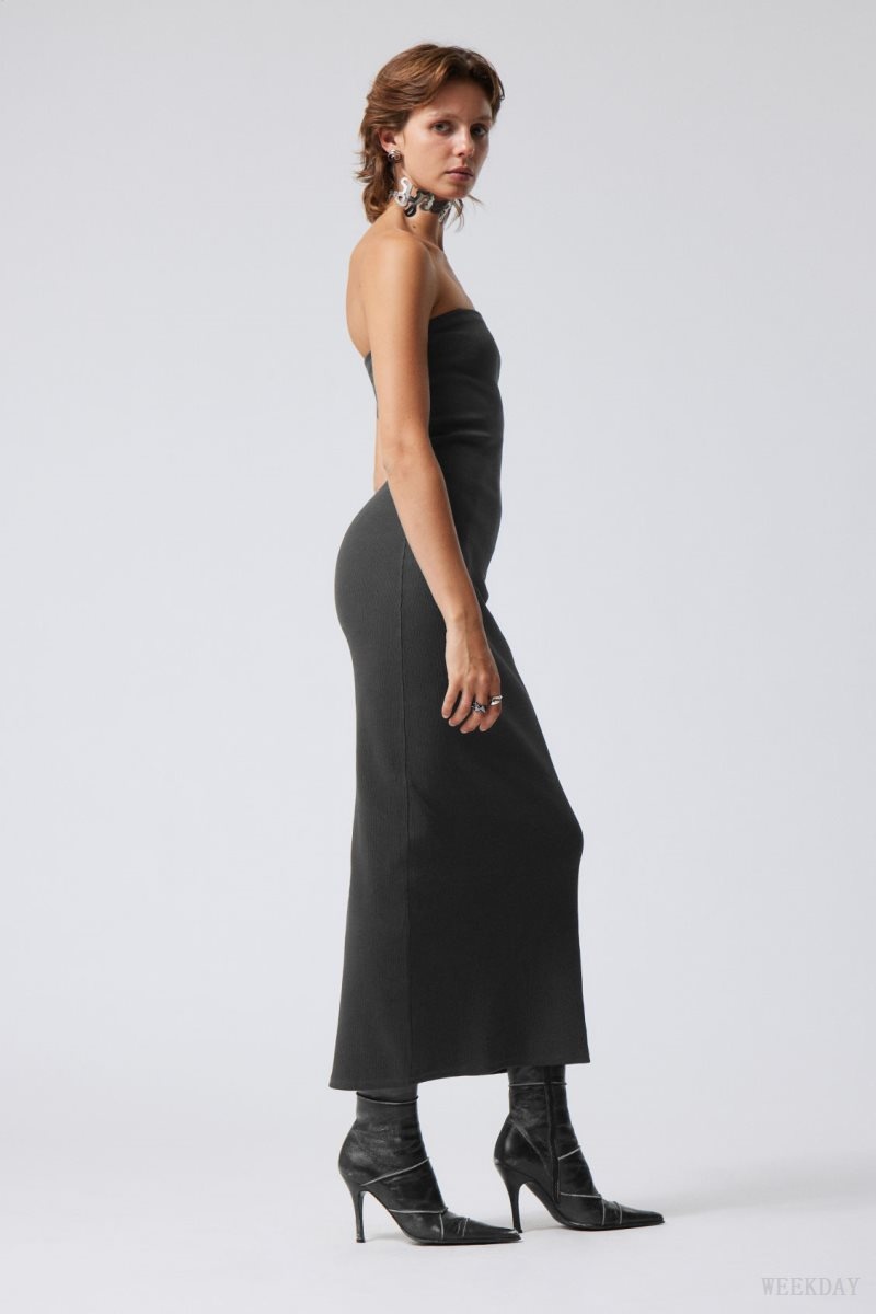 Weekday Tania Ribbed Tube Dress Dark Grey | NSZP9058