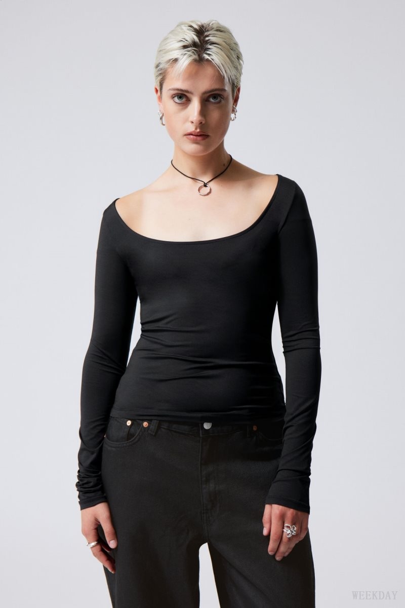 Weekday Tea Scoop Neck Long Sleeve Top Black | UKOA8904