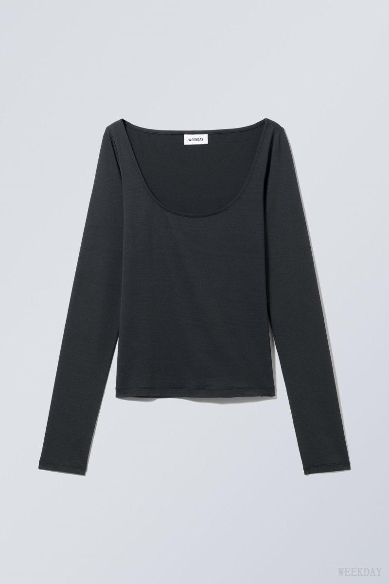 Weekday Tea Scoop Neck Long Sleeve Top Black | UKOA8904