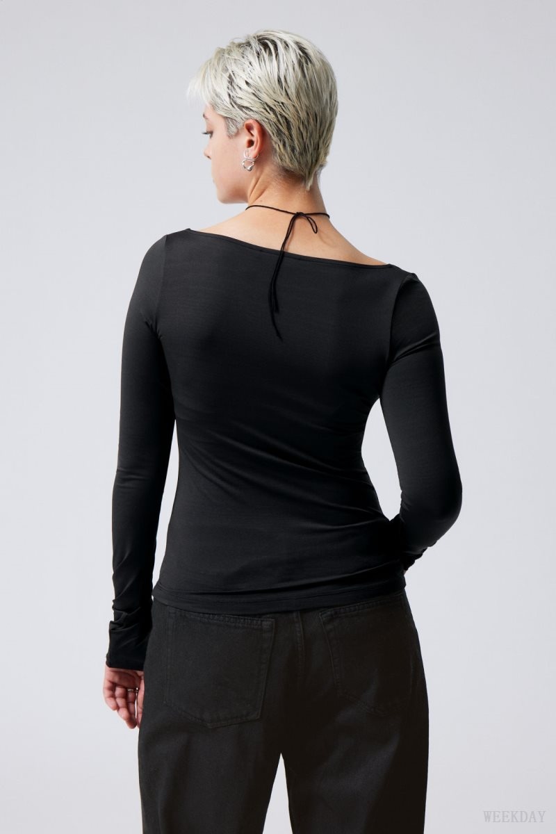 Weekday Tea Scoop Neck Long Sleeve Top Black | UKOA8904