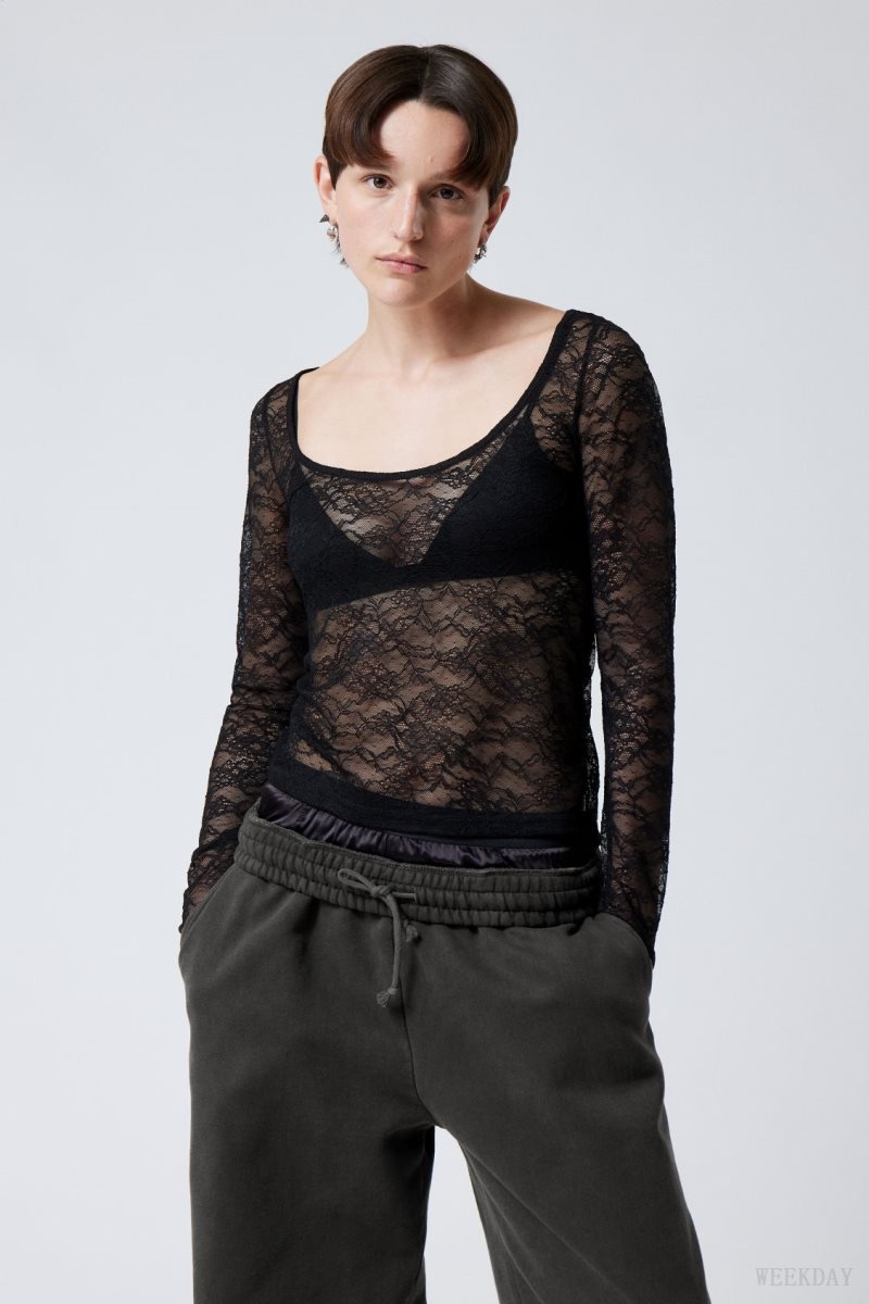 Weekday Tea Scooped Lace Longsleeve Black | DZFD1133