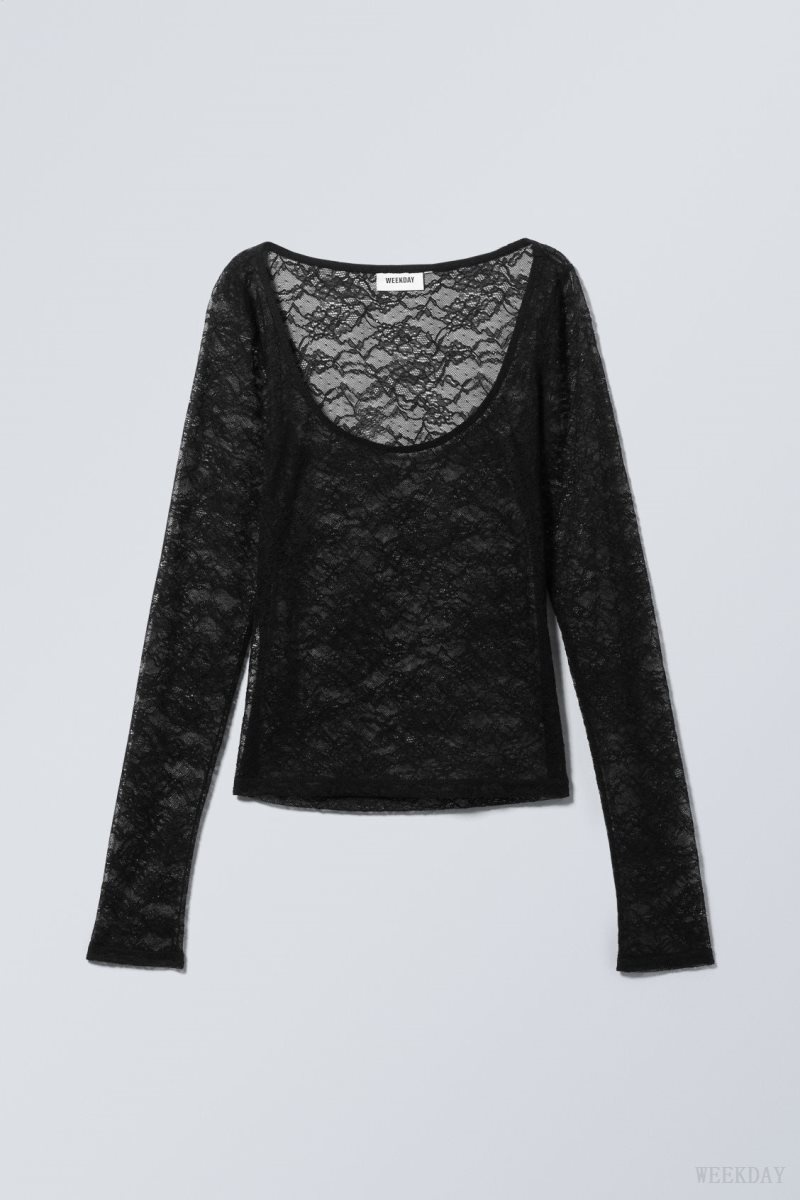 Weekday Tea Scooped Lace Longsleeve Black | DZFD1133