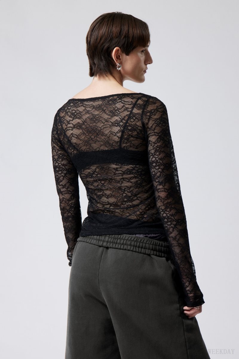 Weekday Tea Scooped Lace Longsleeve Black | DZFD1133