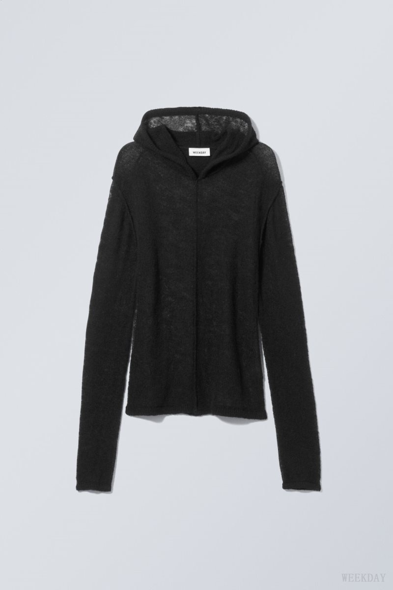 Weekday Terri Wool Blend Sheer Knit Hoodie Black | ZONC2854