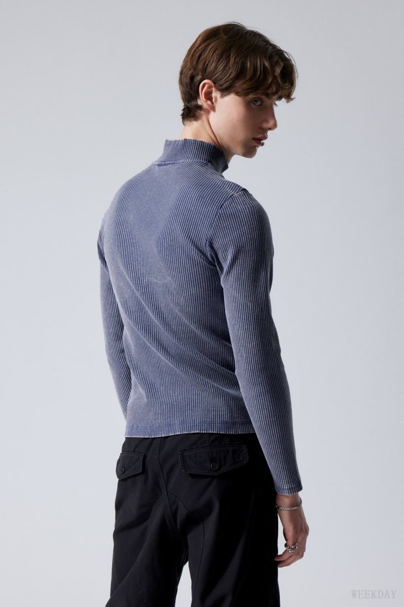 Weekday Toni Two Tone Rib Zip Turtleneck Blue / White | AZOW0139