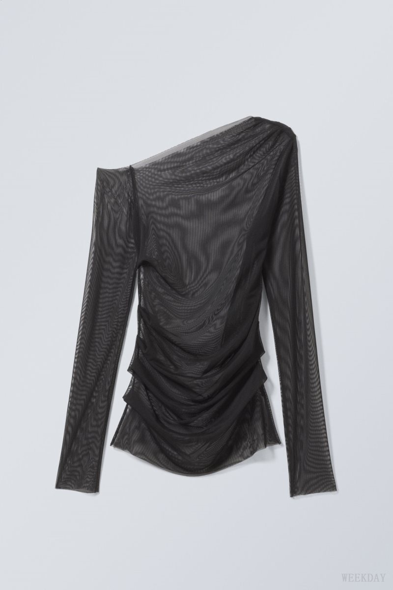 Weekday Transparent Drape Asymmetric Long Sleeve Black | NEMZ5345