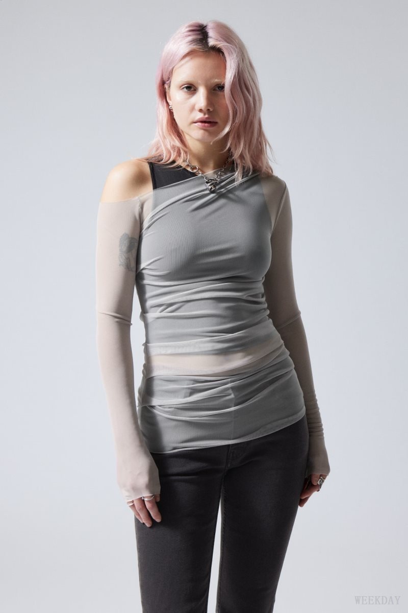 Weekday Transparent Drape Asymmetric Long Sleeve Light Grey | YNAS7690