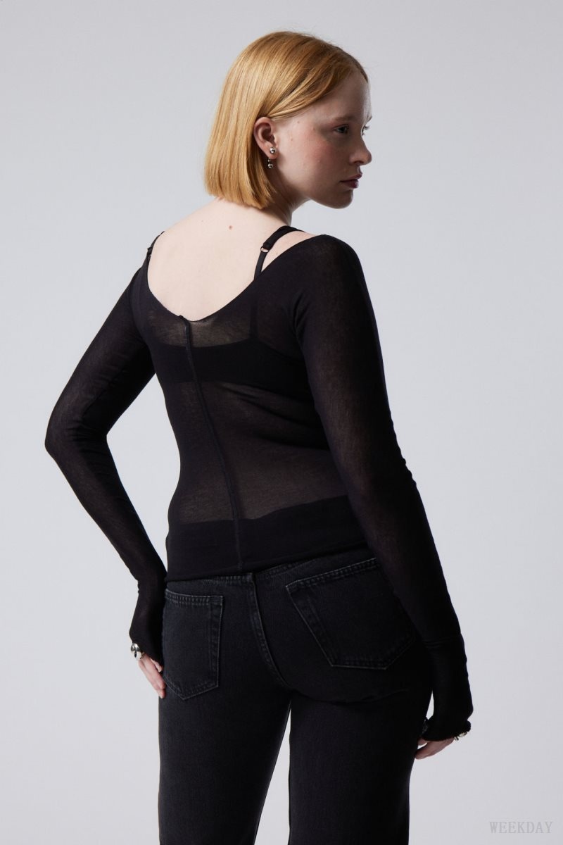 Weekday Yen Sheer Longsleeve Top Black | ENIU9993